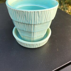 McCoy Basketweave Turquoise Flower Pot With Saucer 5 Inches